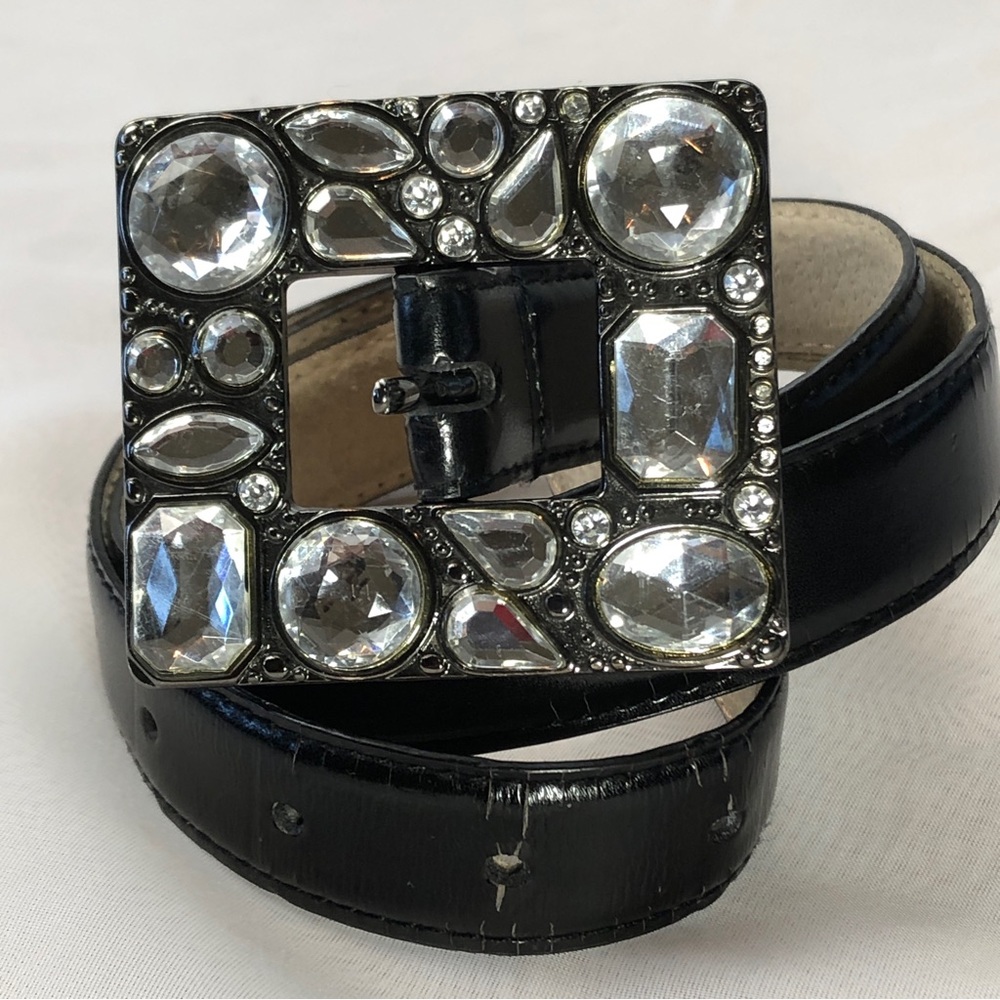 Leather Belt Black Smooth Embellished Clear Rhinestones Gunmetal Bling Buckle Lg